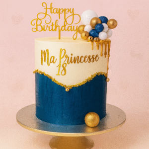 Gâteau d’anniversaire bleu nuit & or – glaçage doré, bulles