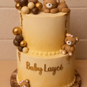 Gâteau Baby – oursons & bulles dorées, 3 étages