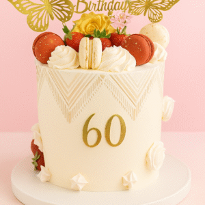 Gâteau anniversaire géométrique, fraises & macarons