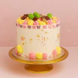 Gâteau bonbons & confettis – papillons et feuille d’or
