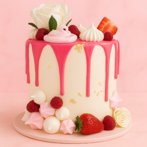 Gâteau d’anniversaire « Drip Rose » — fruits rouges & meringues