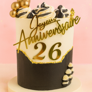 Gâteau d’anniversaire « Noir & Or » — âge 26, deux tons & feuille d’or