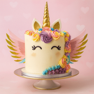 Gâteau licorne arc-en-ciel — ailes scintillantes & corne dorée