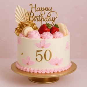 Gâteau d’anniversaire 50 ans rose et doré – Élégance et douceur