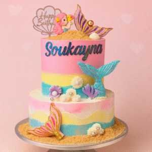 Gâteau sirène pastel – 2 étages, queue & coquillages